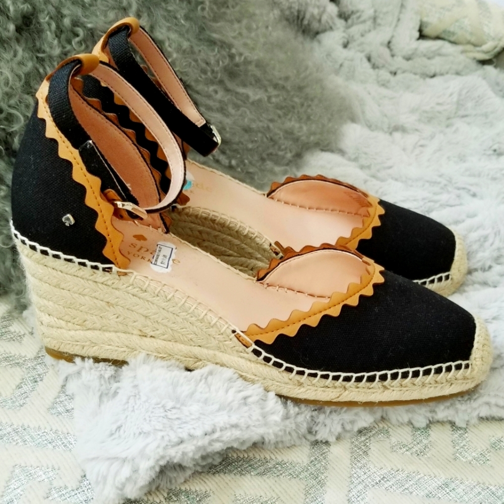 KATE SPADE "Thea" Black Textile Brown Leather Ankle Strap Wedge Espadrilles NEW